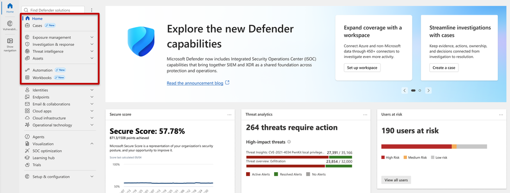 Defender-Startseite mit markierten Einträgen Cases, Automation und Workbooks.