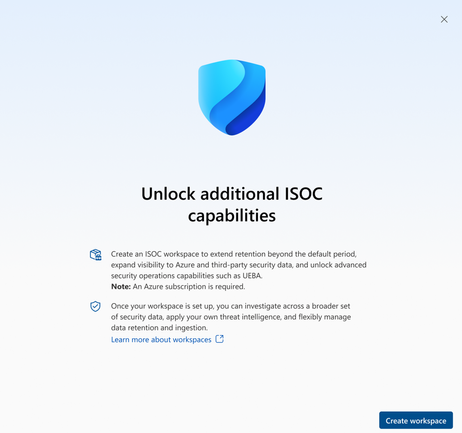 Dialog zum Freischalten zusätzlicher ISOC-Funktionen mit Azure-Subscription-Hinweis.